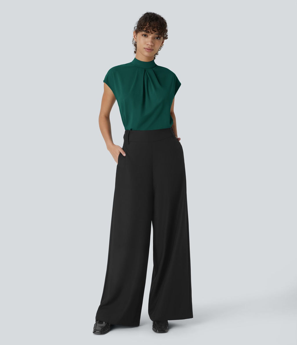 Blouse de Travail à Col Montant Plissée avec Boutons dans le Dos et Manches Courtes
