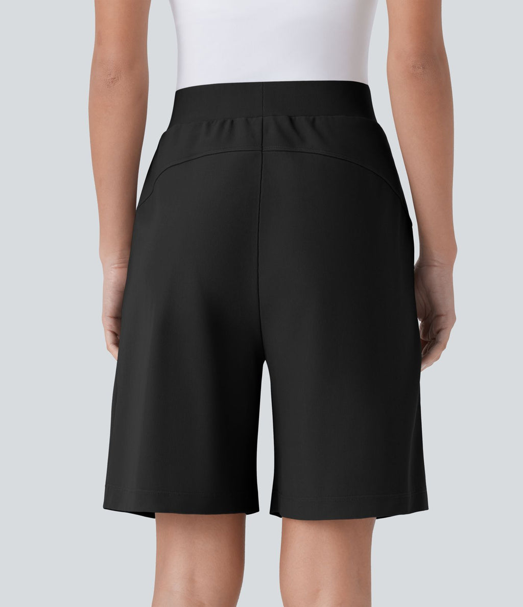 Short Bermuda Tailleur Fluide sculptant taille haute en maille gaufrée avec poches latérales