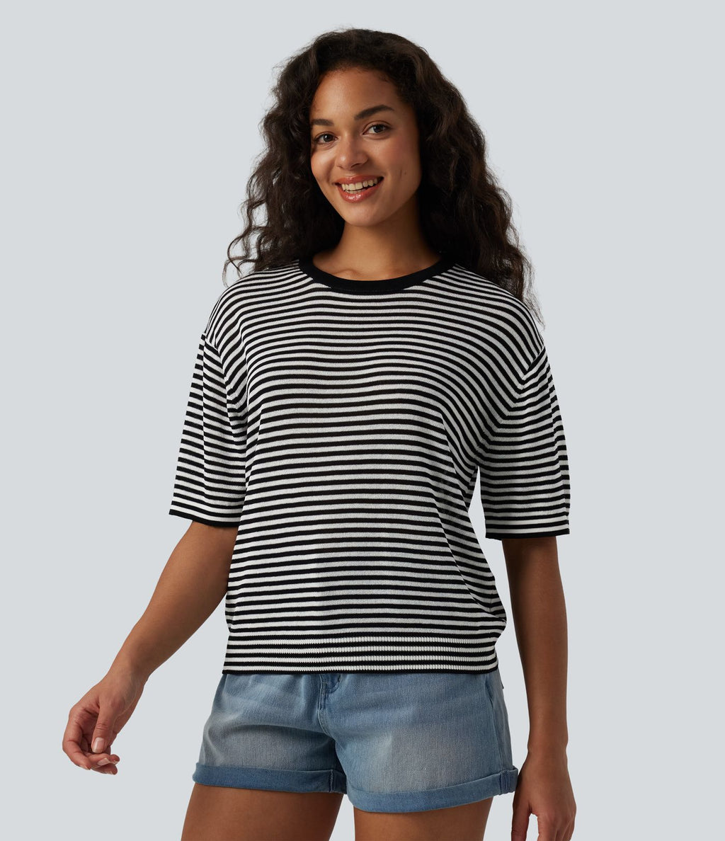 Pull décontracté rayé col rond manches courtes aspect lin