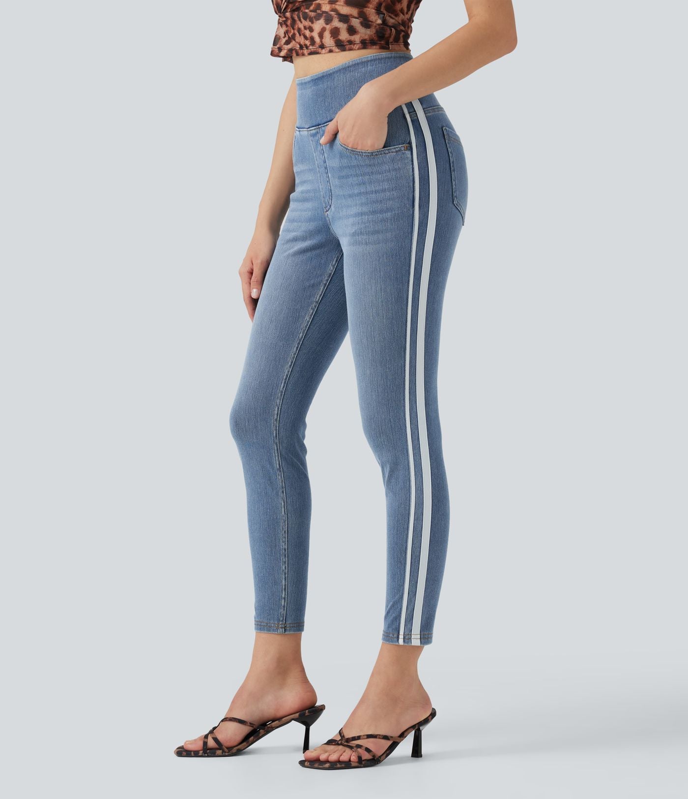 Jean skinny Halara Flex™ taille haute délavé à rayures avec poches