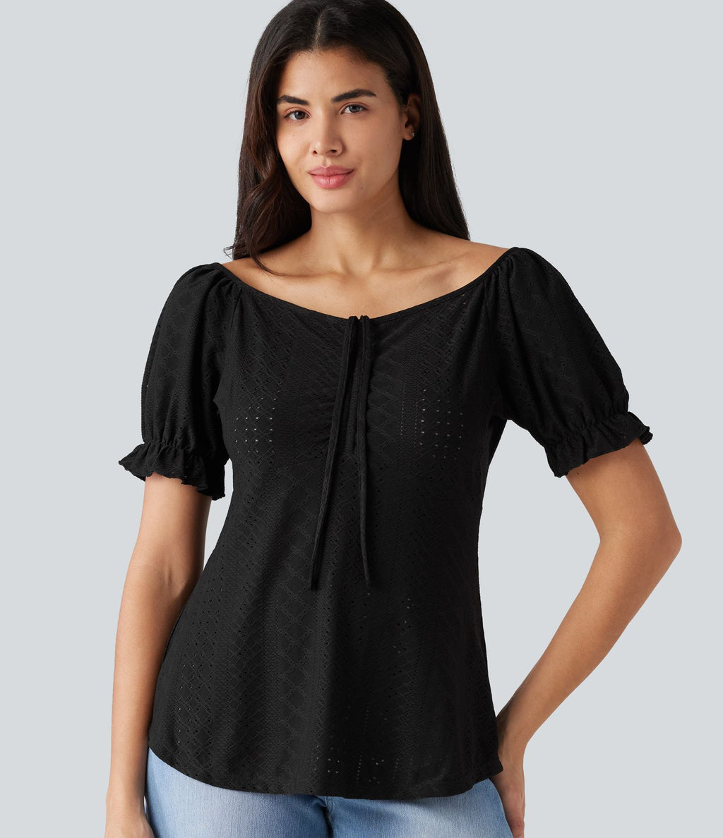 Blouse décontractée col V manches courtes bouffantes lacée ajourée