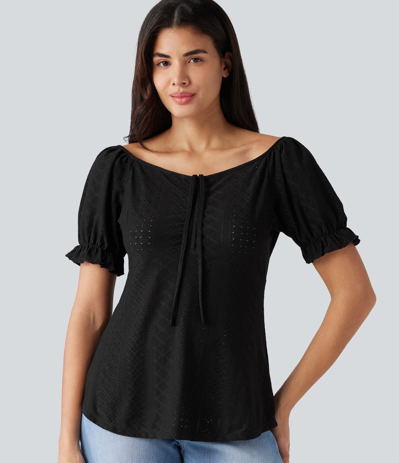Blouse décontractée col V manches courtes bouffantes lacée ajourée