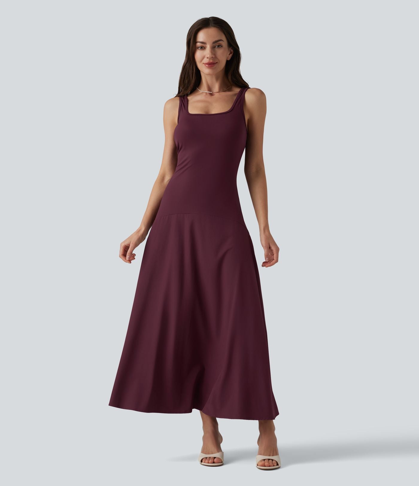 Robe midi fluide de demoiselle d'honneur et d'invitée de mariage à encolure carrée, dos nu et bretelles croisées