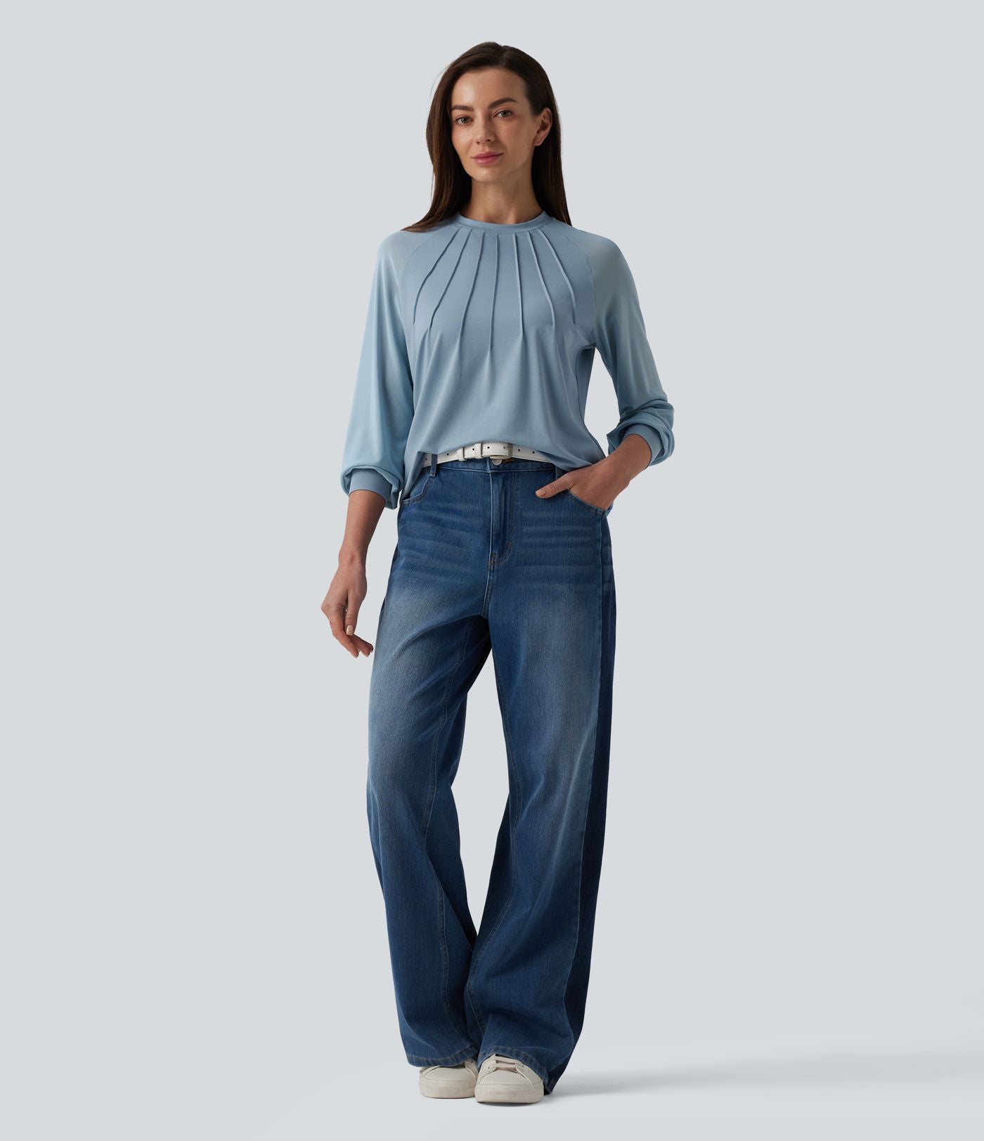 Blouse mesh contrastant col rond manches raglan longues