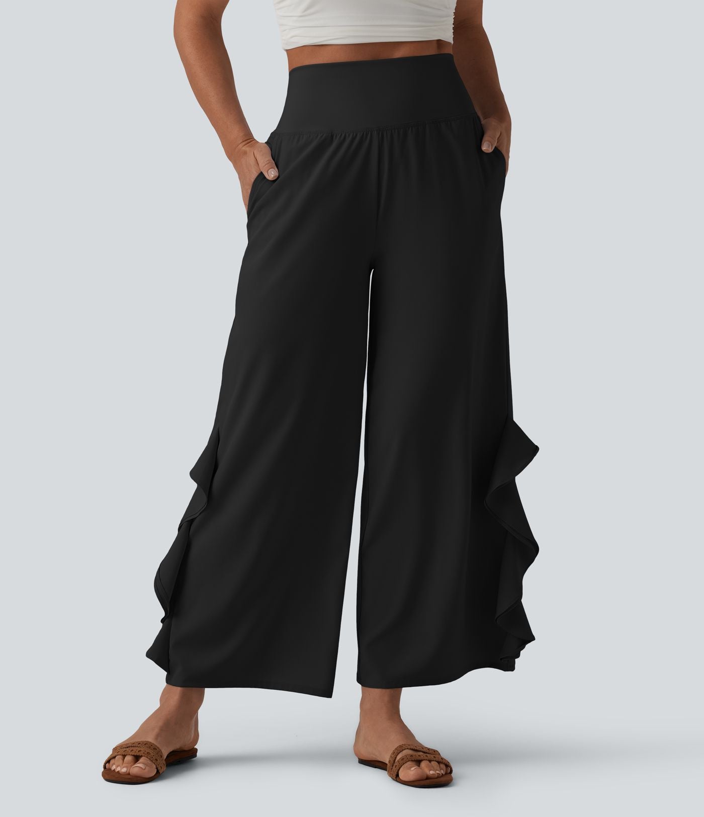 Pantalon large séchage rapide Breezeful™ taille haute à volants avec poches