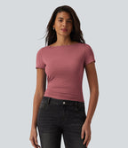 T-shirt décontracté col bateau manches courtes froncé