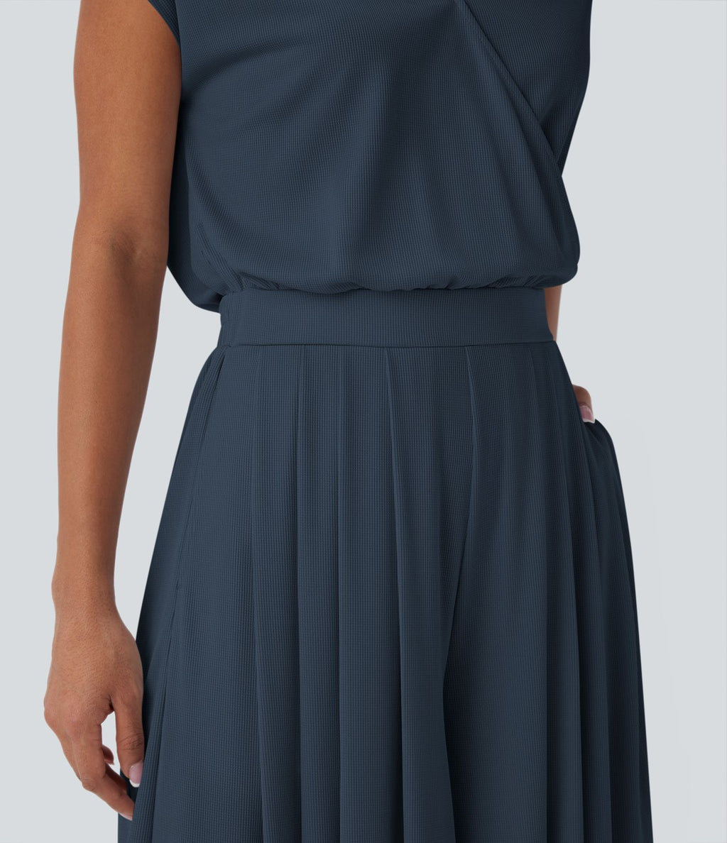 Combinaison fluide en tissu gaufré, col V, manches courtes, jambes larges et poches latérales - Easy Peasy Edition