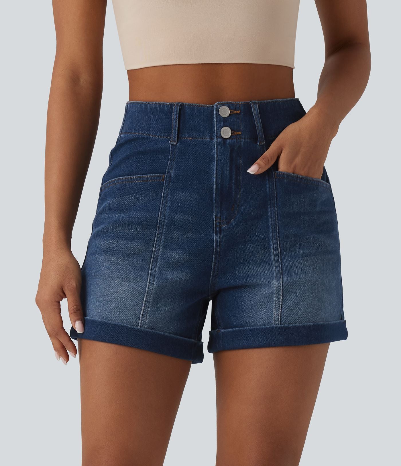 Halara Flex™ Short en jean casual taille haute ourlet roulé 10 cm avec poches