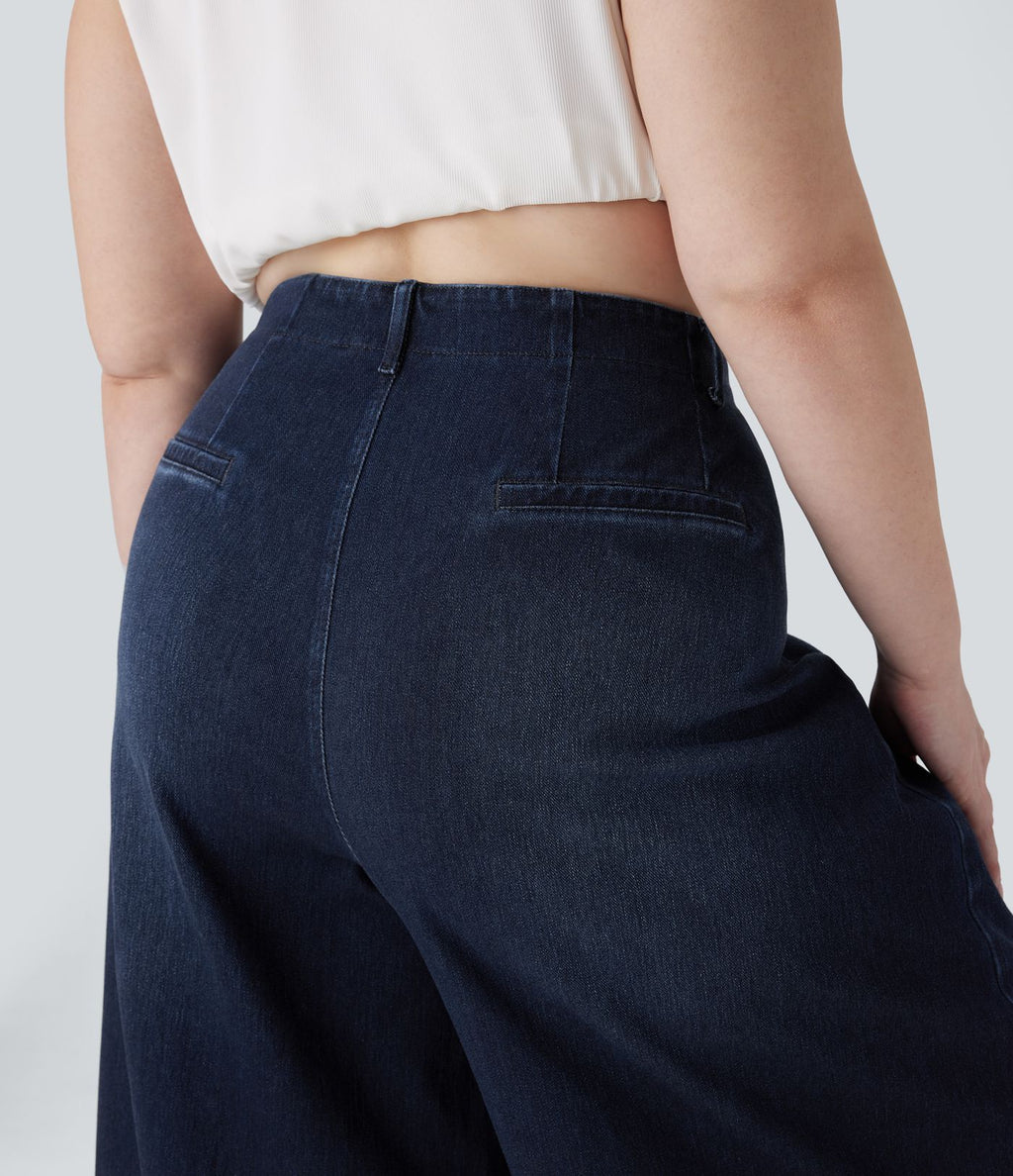 Jean décontracté Halara Flex™ grande taille large taille haute en maille extensible délavée avec poches avant