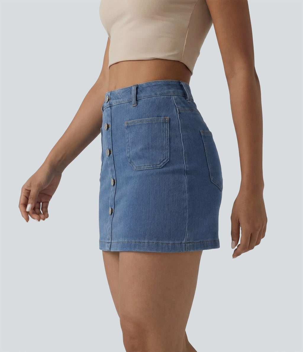 Jupe mini moulante décontractée Halara Flex™ en denim taille haute boutons décoratifs avec poches