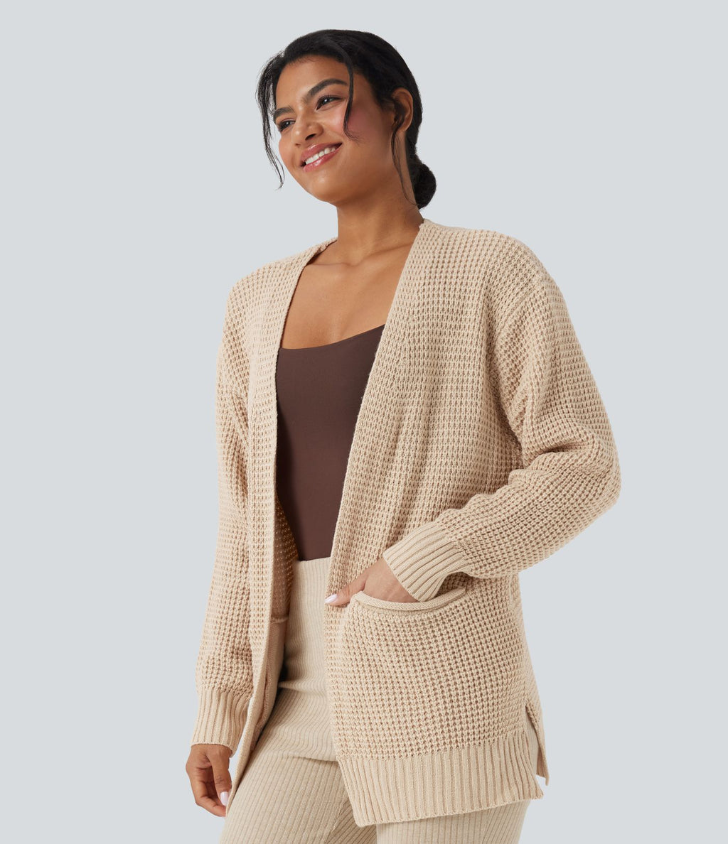 Cardigan décontracté gaufré manches longues avec poches