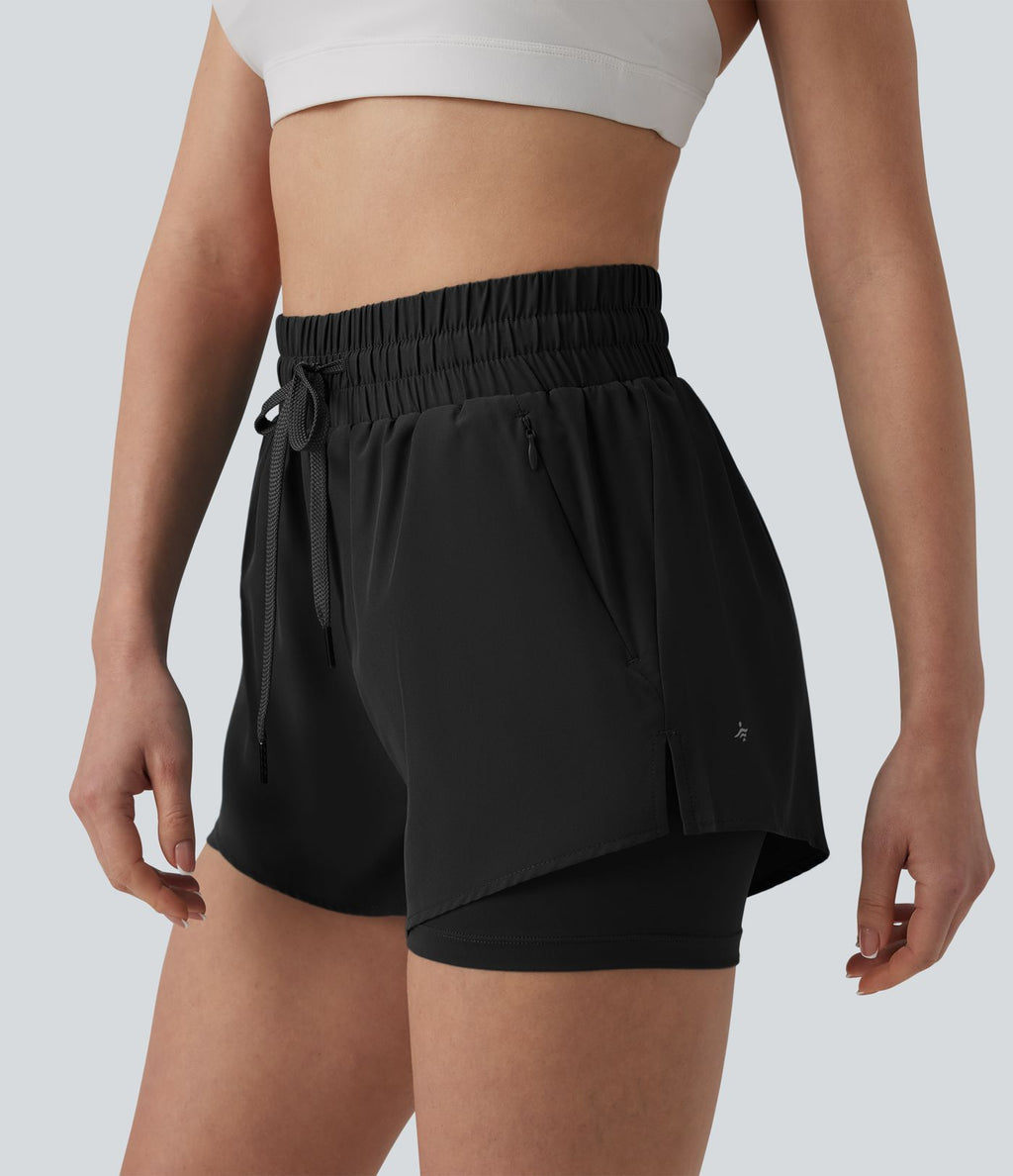 Short running 2-en-1 taille haute avec cordon de serrage et poches