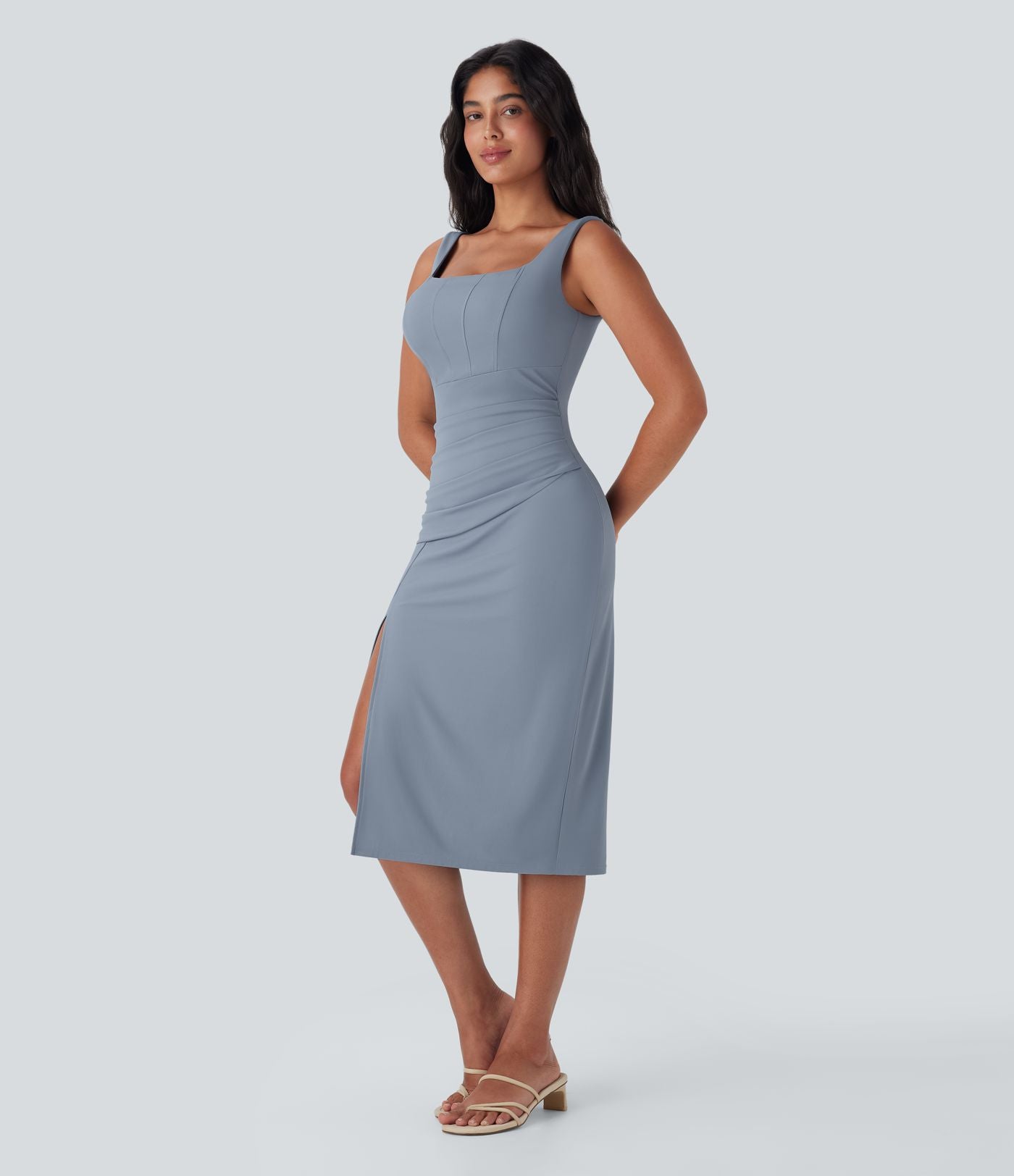 Robe moulante mi-longue SoftlyZero™ Airy col carré corset froncée effet frais InstantCool, bonnets E-G