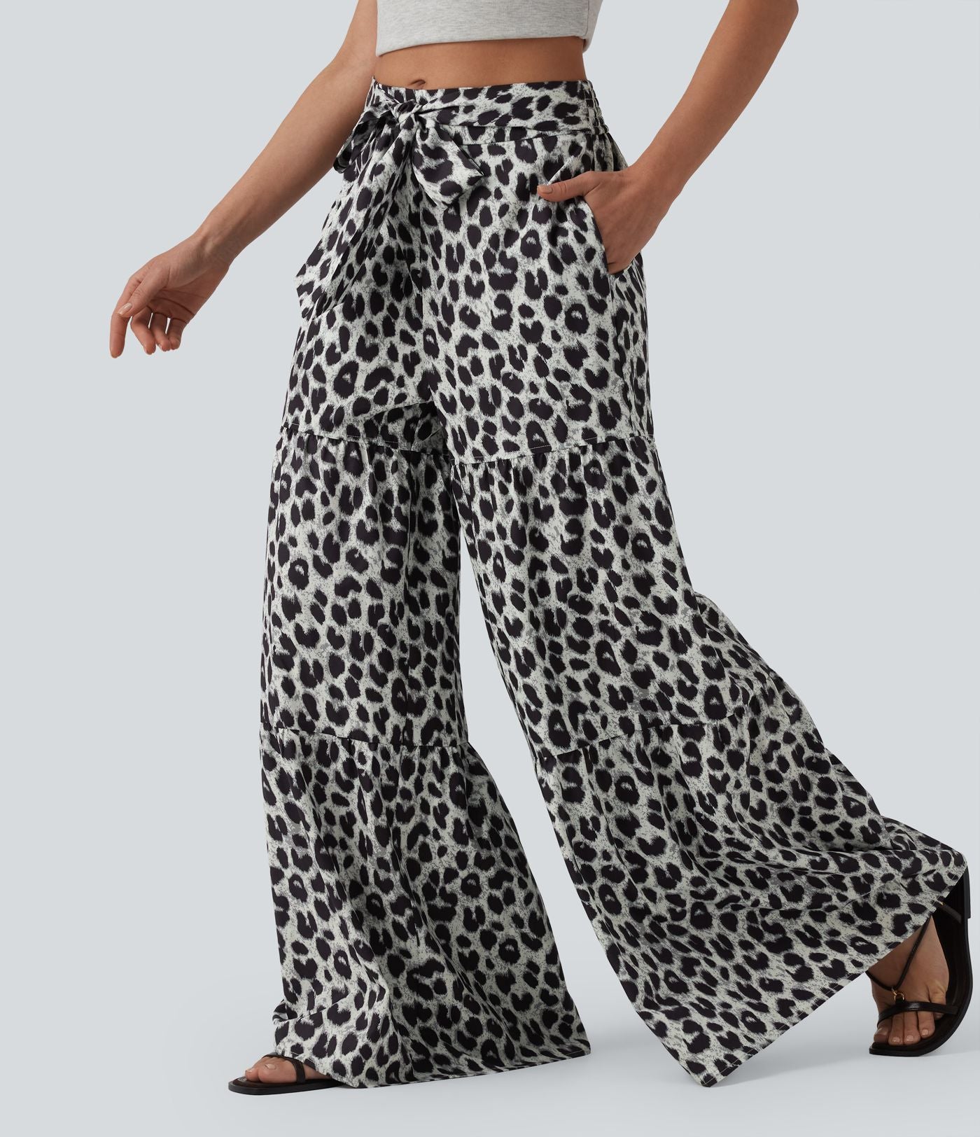 Pantalon ample décontracté taille mi-haute avec nœud devant imprimé léopard avec poches