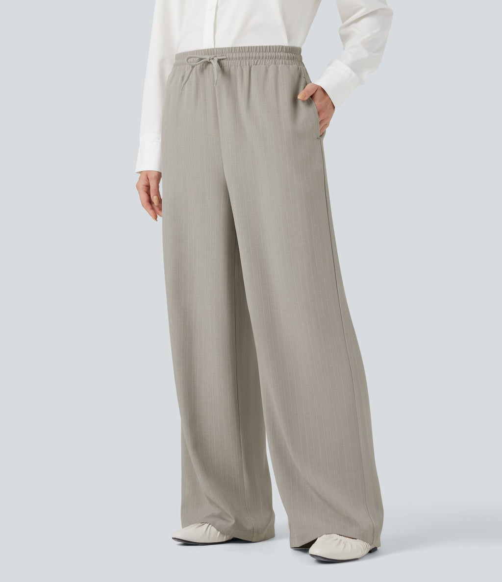 Pantalon décontracté large rayé taille haute avec cordon et poches