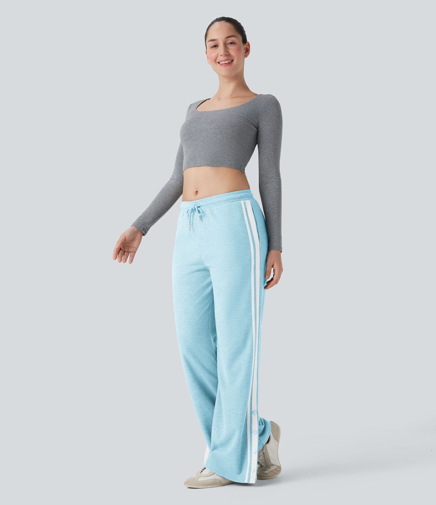 Pantalon jogging décontracté large taille basse à cordon en gaufre à blocs de couleurs avec boutons-pression fendus et poches