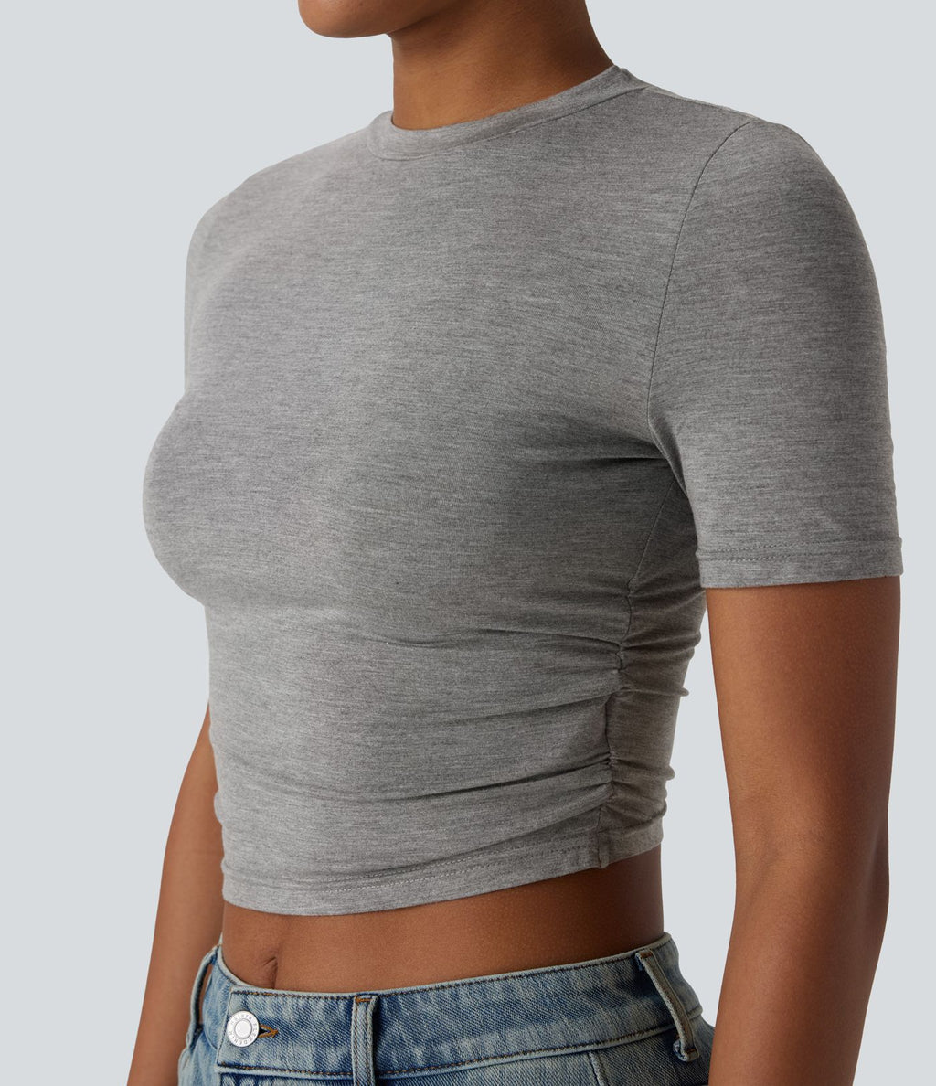 T-shirt Casual à Col Rond Manches Courtes Ruché Cintré et Court