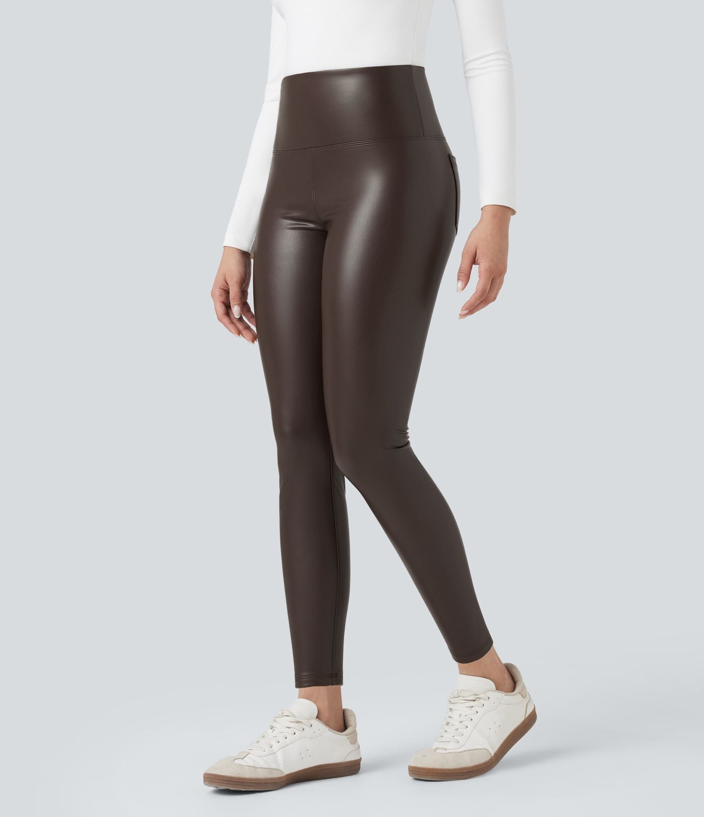 Pantalon 7/8 moulant décontracté polaire gainant taille haute extensible effet cuir avec poches