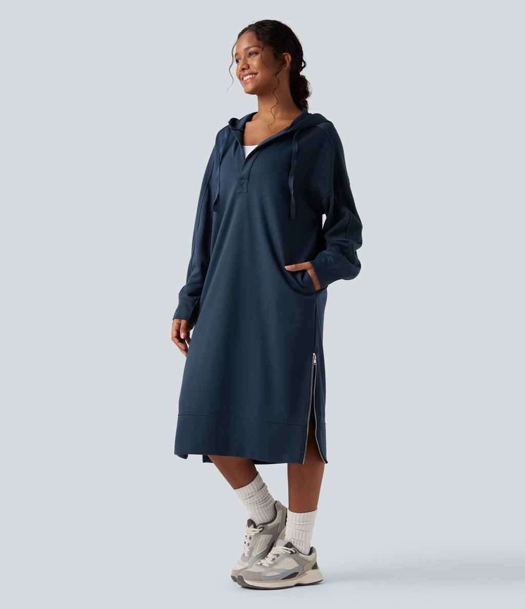 Robe sweat midi à capuche avec cordon de serrage et zip à l'ourlet à manches longues avec poches