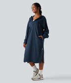 Robe sweat midi à capuche avec cordon de serrage et zip à l'ourlet à manches longues avec poches
