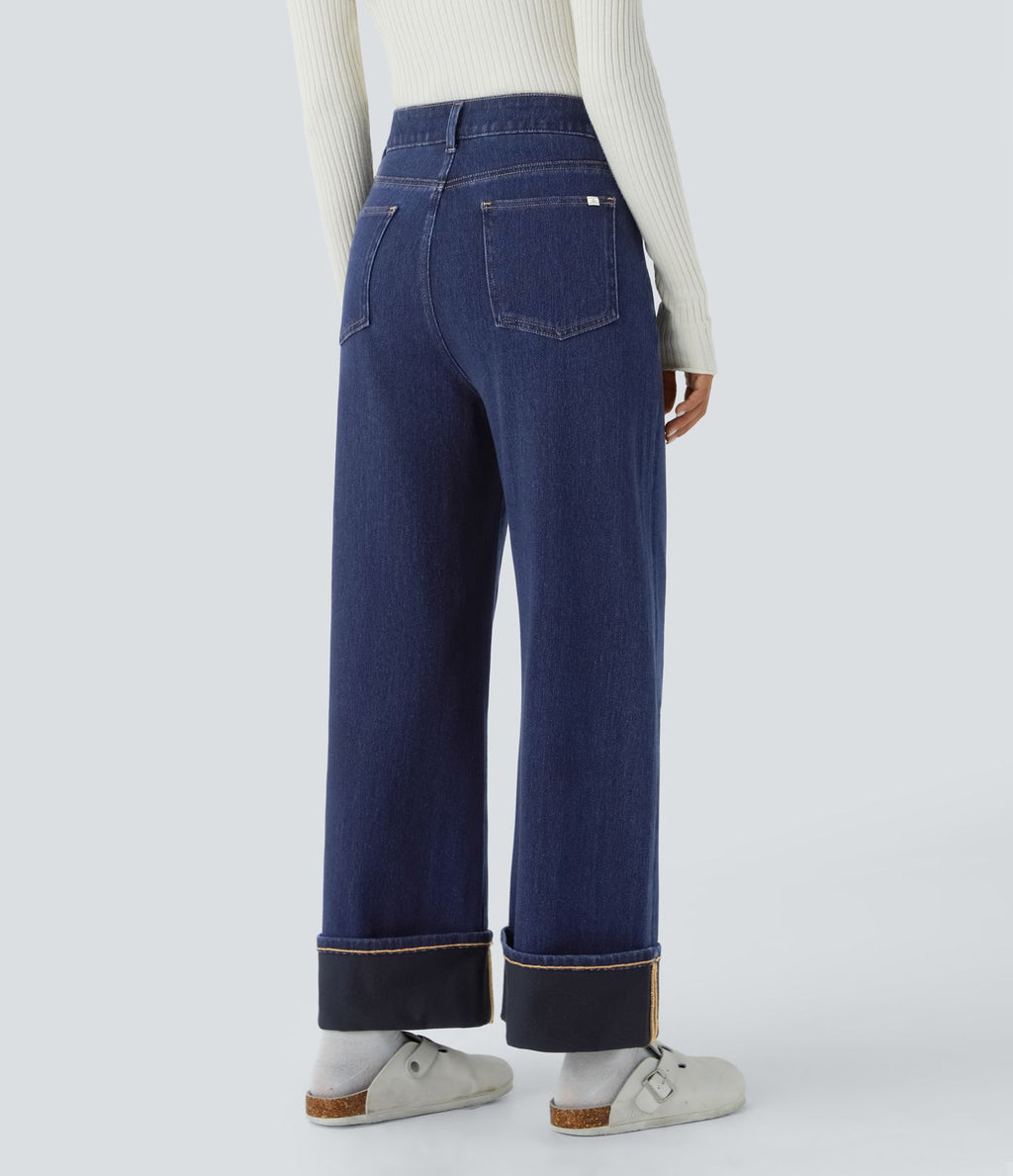 Jean décontracté Halara Flex™ effet chevron taille haute, jambes larges, ourlet roulotté et poches multiples
