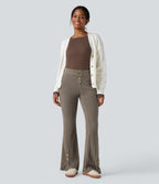 Pantalon évasé côtelé taille mi-haute boutonnage ourlet fendu avec poches
