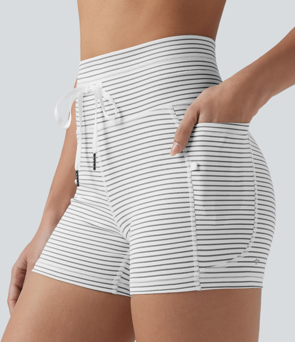 Short cycliste de yoga taille haute à rayures avec cordon de serrage 7,5 cm et poches