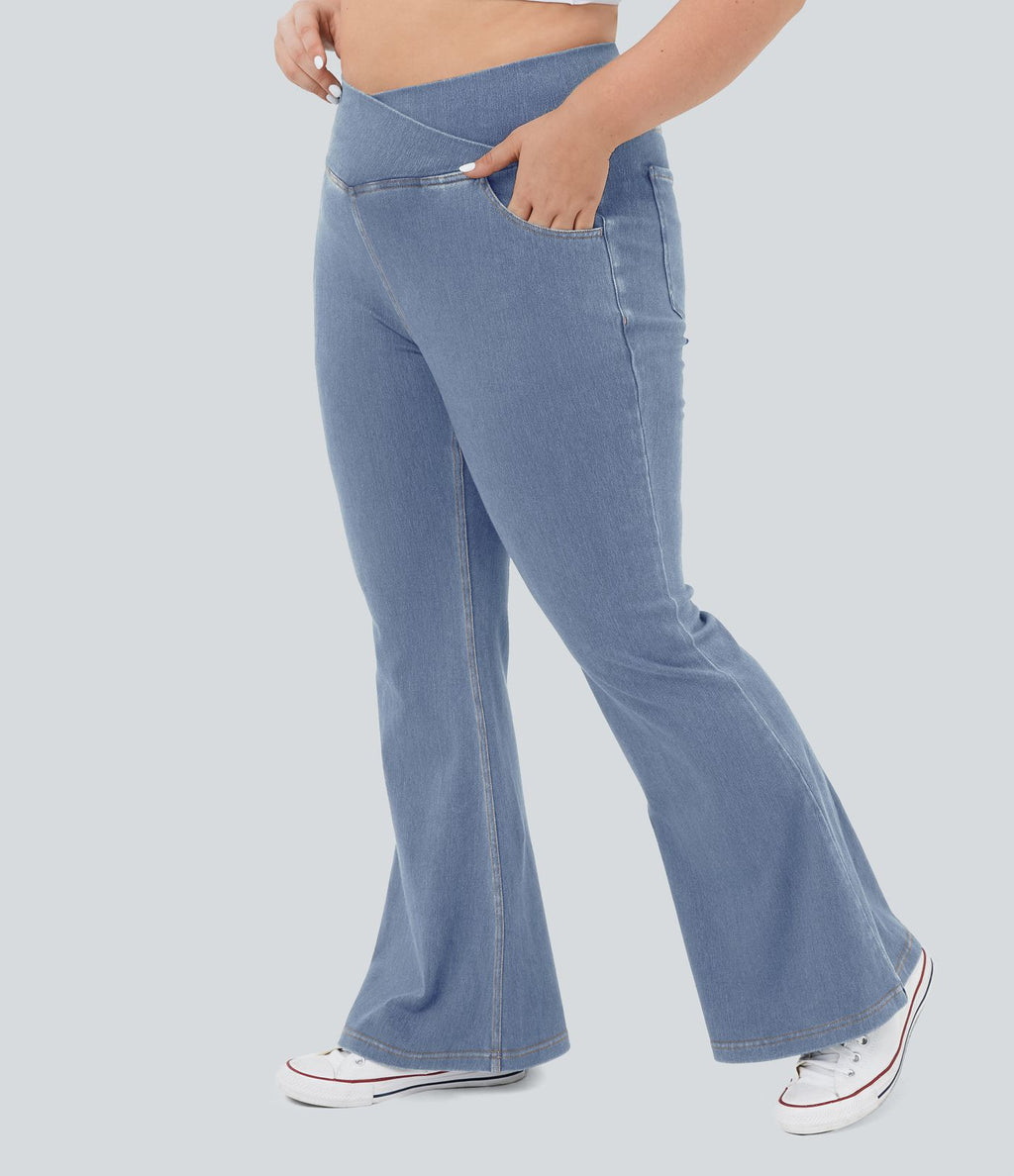 Jean super évasé Halara Flex™ grande taille en maille denim extensible délavée taille haute avec poches croisées effet frais InstantCool respirant