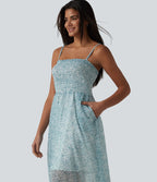 Robe nuisette midi casual fluide en mousseline à imprimé floral, fronces et bretelles réglables avec poches