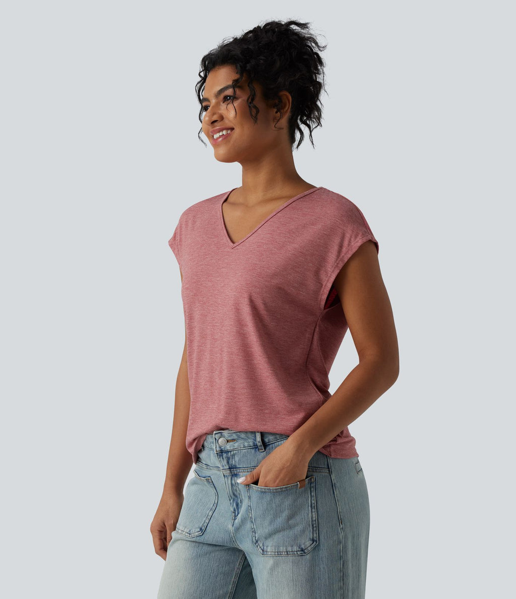 T-shirt décontracté chiné ample à manches courtes et col V