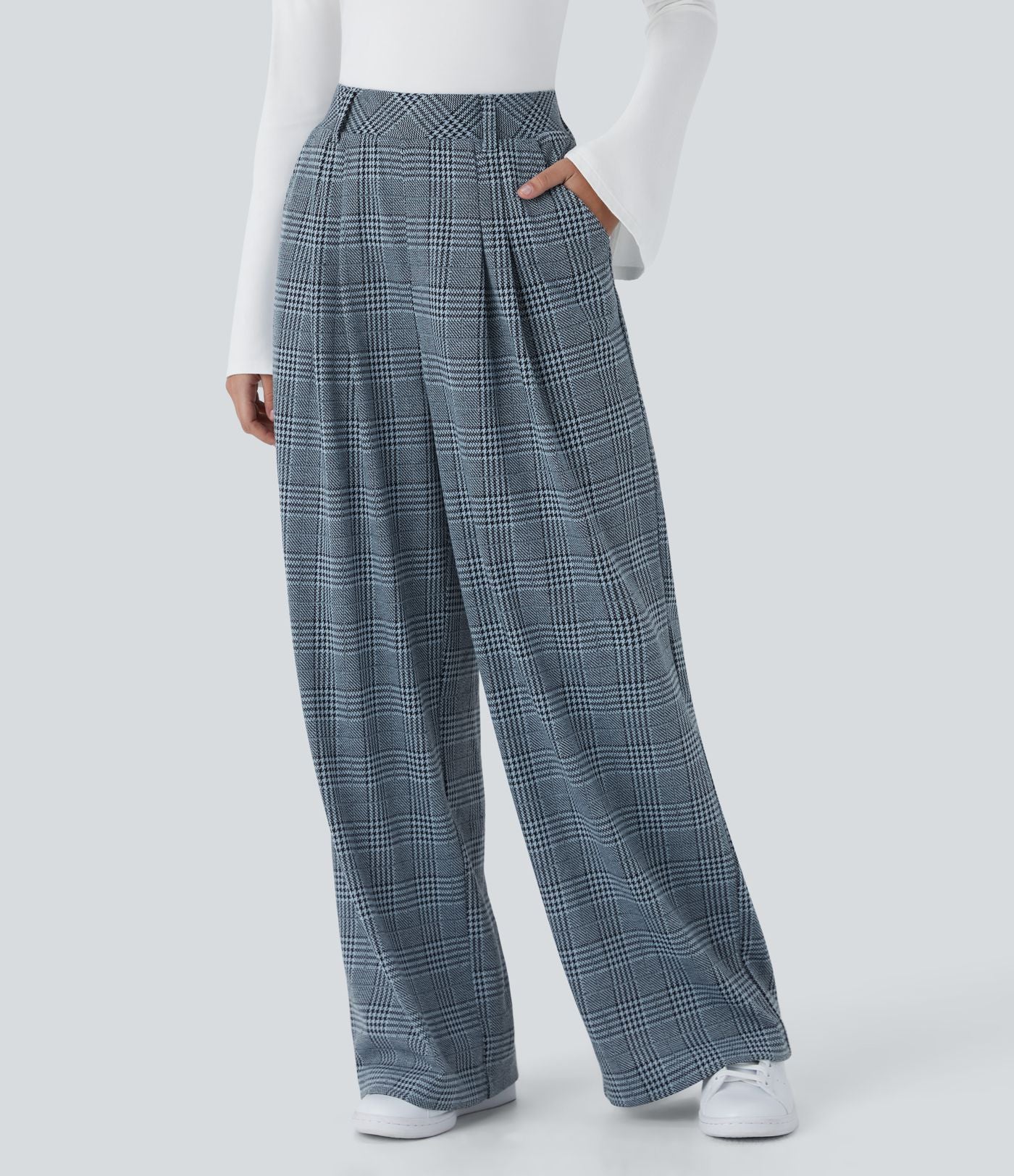 Pantalon taille haute décontracté large à carreaux, avec poches