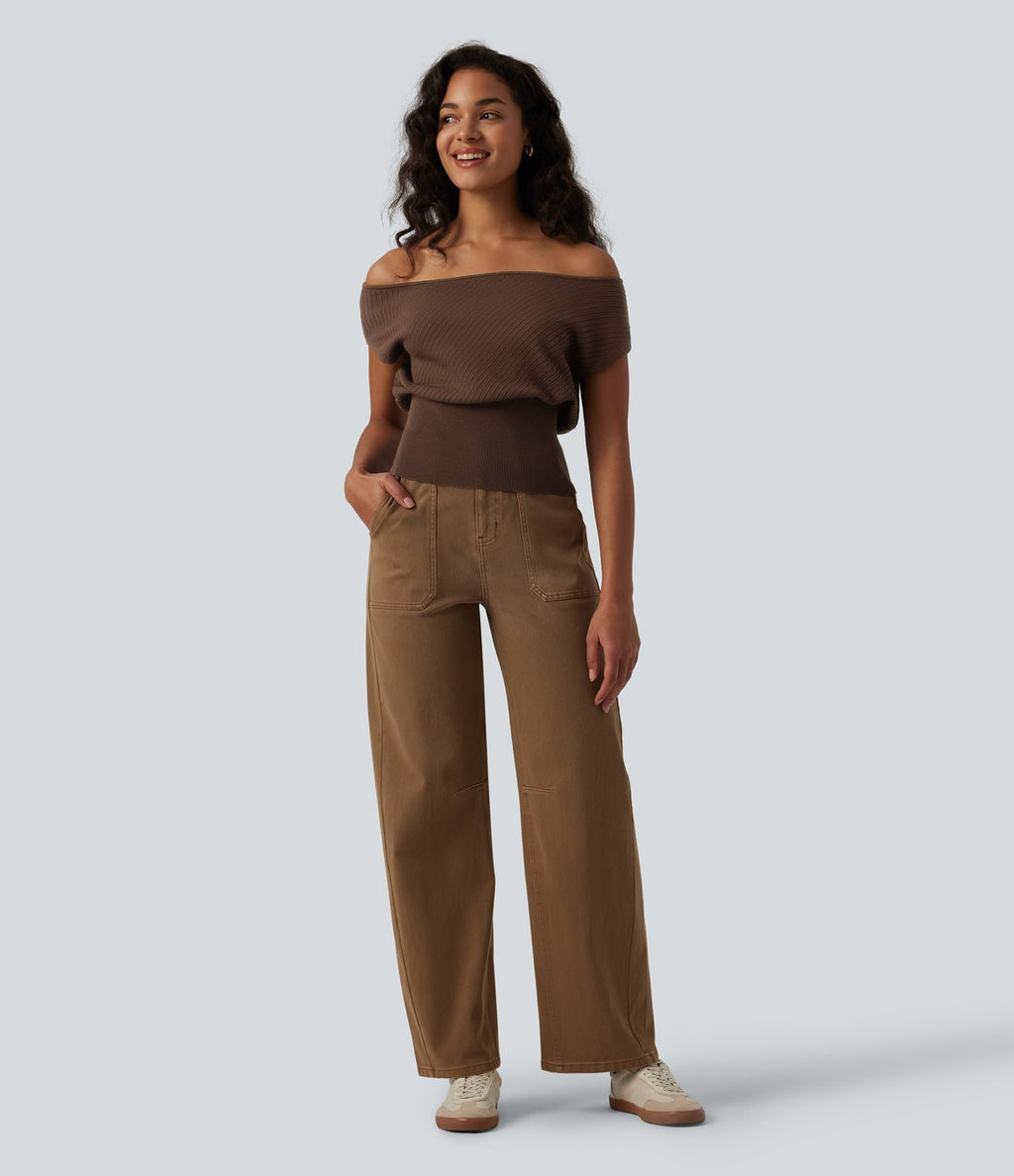 Pull casual asymétrique à épaule dénudée et manches courtes