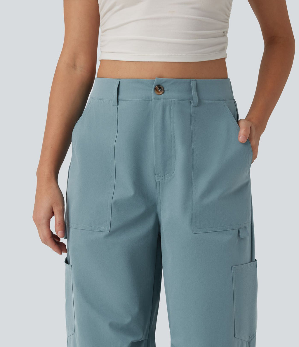 Pantalon cargo casual en popeline extensible coupe droite taille haute avec poches