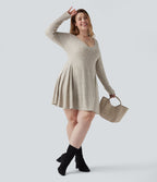 Robe mini évasée grande taille col V en maille côtelée à manches longues