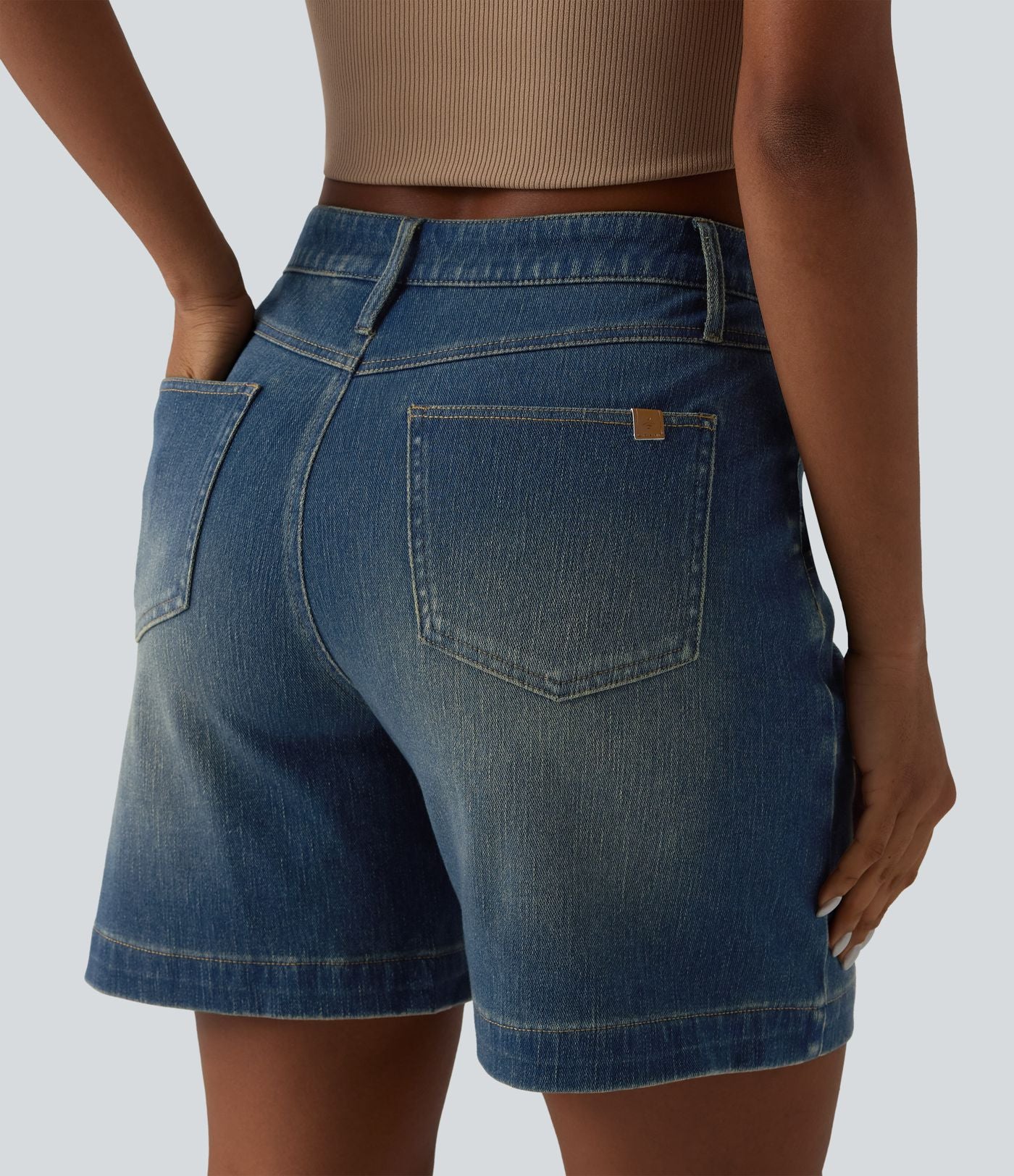 Short denim ample décontracté Halara Flex™ délavé taille mi-haute ourlet roulotté avec poches