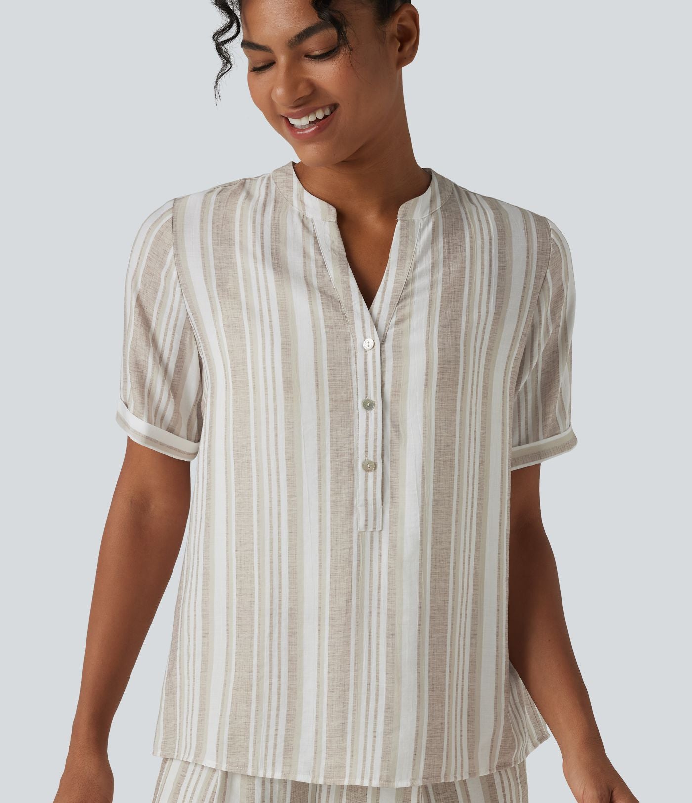 Blouse décontractée col V manches courtes à rayures