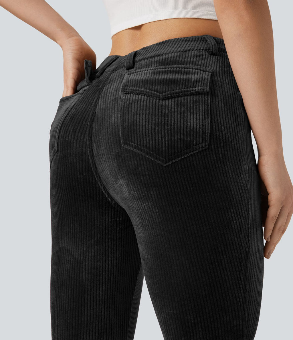 Pantalon évasé velours côtelé ceinture en V taille haute avec poches