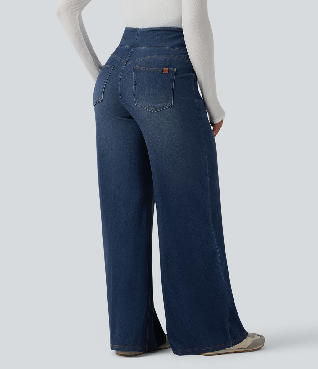 Halara Flex™ Jean large casual taille haute ventre plat, en lyocell drapé effet délavé, avec poches