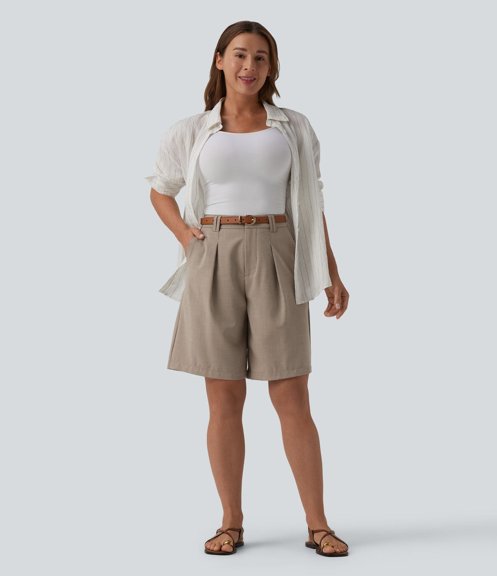 Bermuda tailleur taille haute aspect lin avec poches