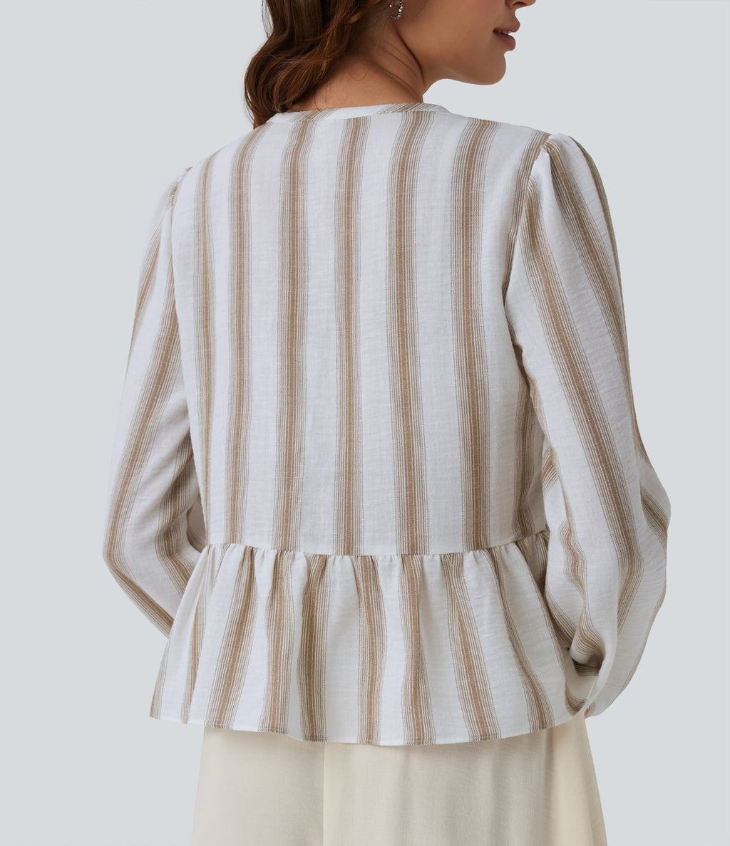 Blouse aspect lin à rayures manches longues ourlet à volants à nouer devant
