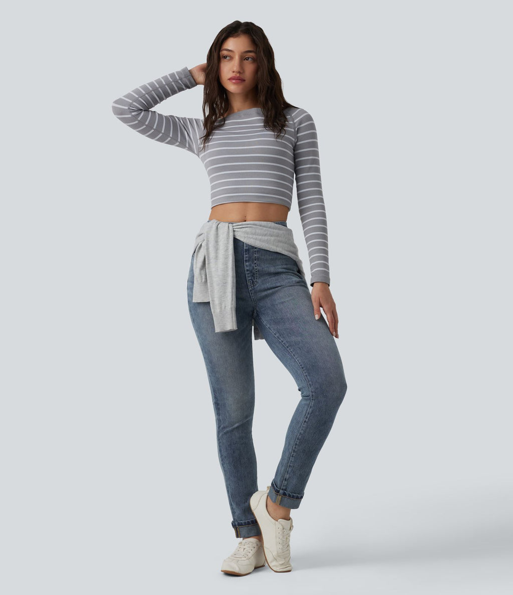 Halara Flex™ Jean slim casual taille haute à ourlet retroussé avec poches