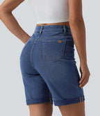Short en jean Halara Flex™ taille haute gainant délavé à ourlet roulotté décontracté avec poches
