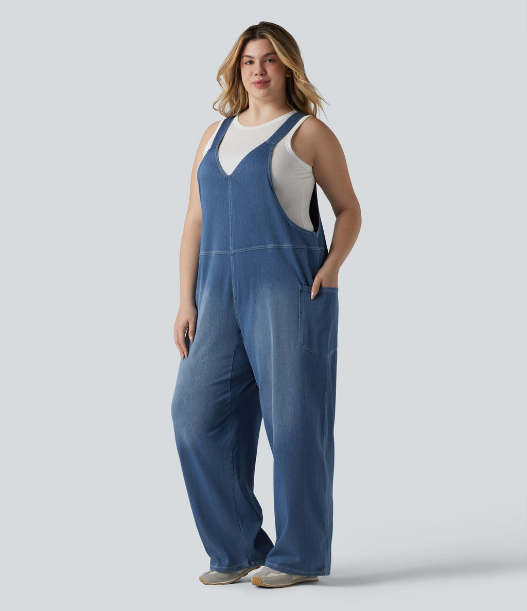 Salopette décontractée Halara Flex™ grande taille en maille denim extensible délavée col V avec poches