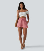Short ample vacances taille haute cordon de serrage ourlet à volants aspect lin avec poches