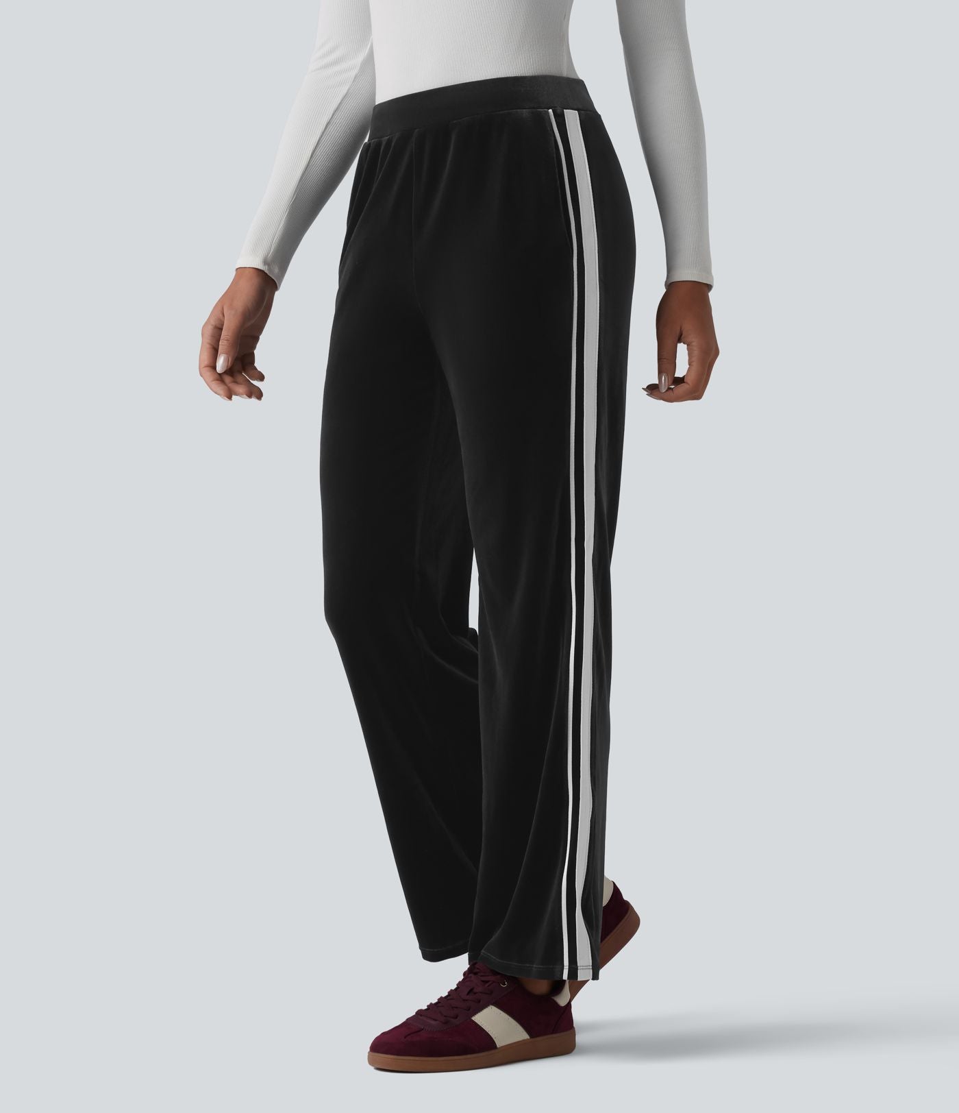 Pantalon évasé en velours taille basse color block à rayures avec poches