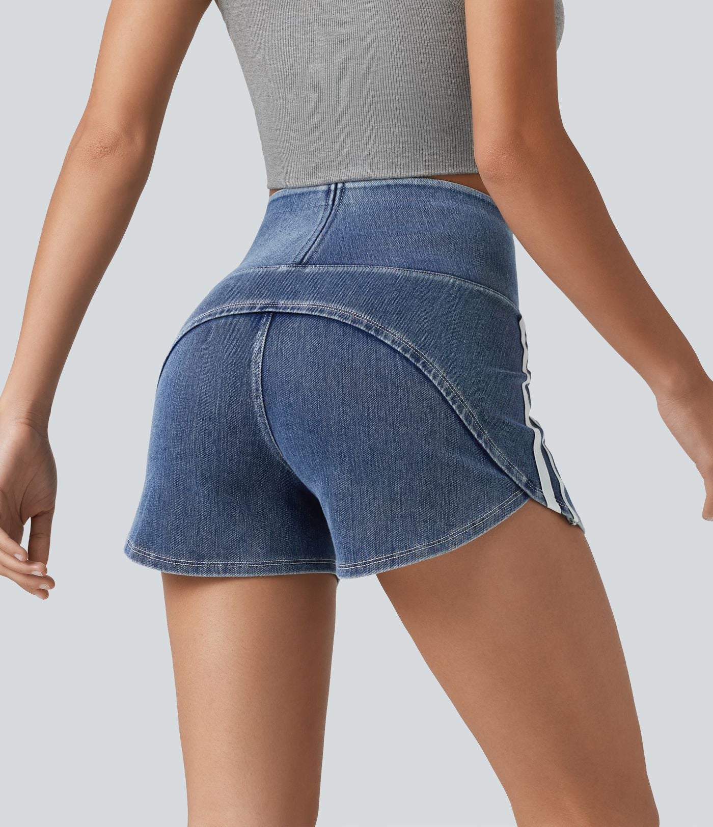 Short en jean rayé taille haute Halara Flex™ avec ourlet arrondi et poches