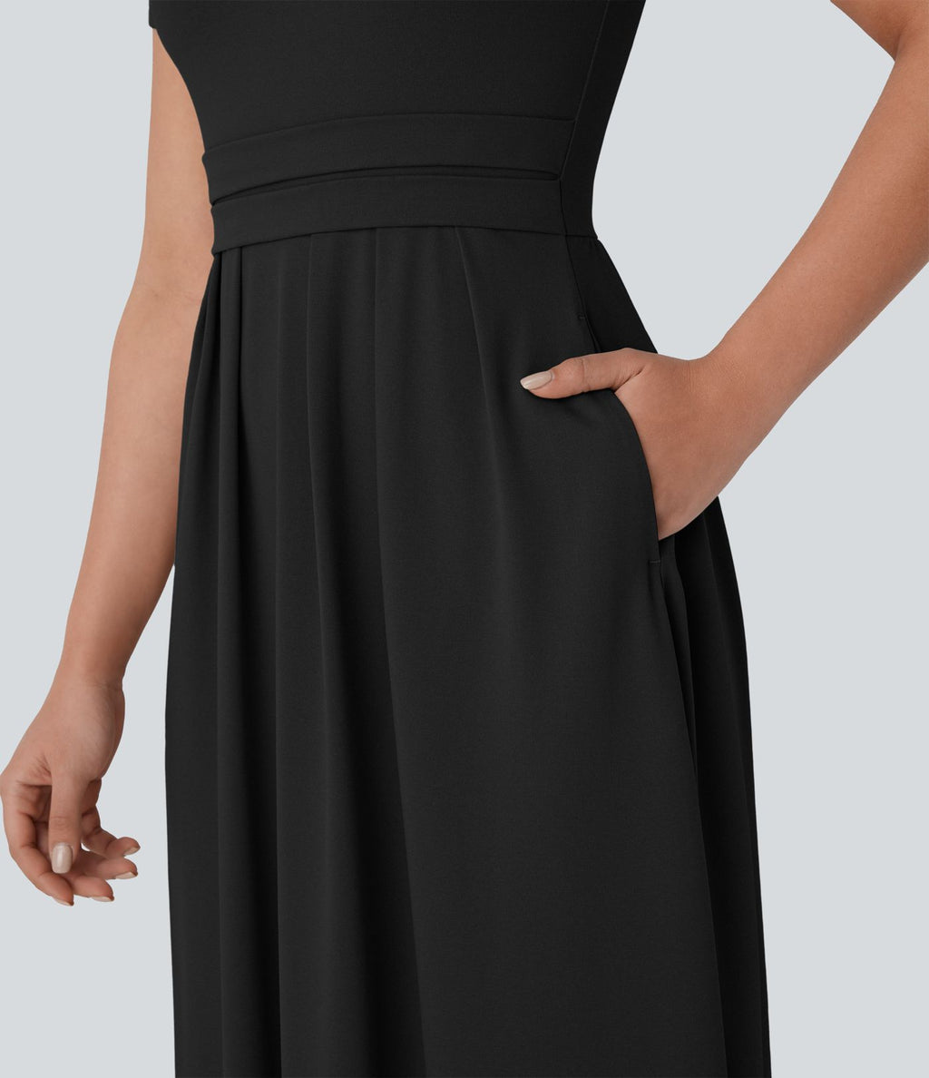 Robe longue décontractée à col montant, manches courtes et poches latérales