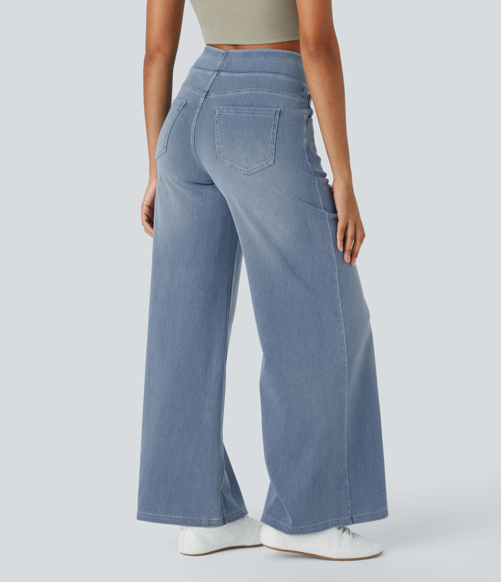 Halara Flex™ Jean Large Casual Taille Haute Poches Multiples Tricot Extensible Délavé