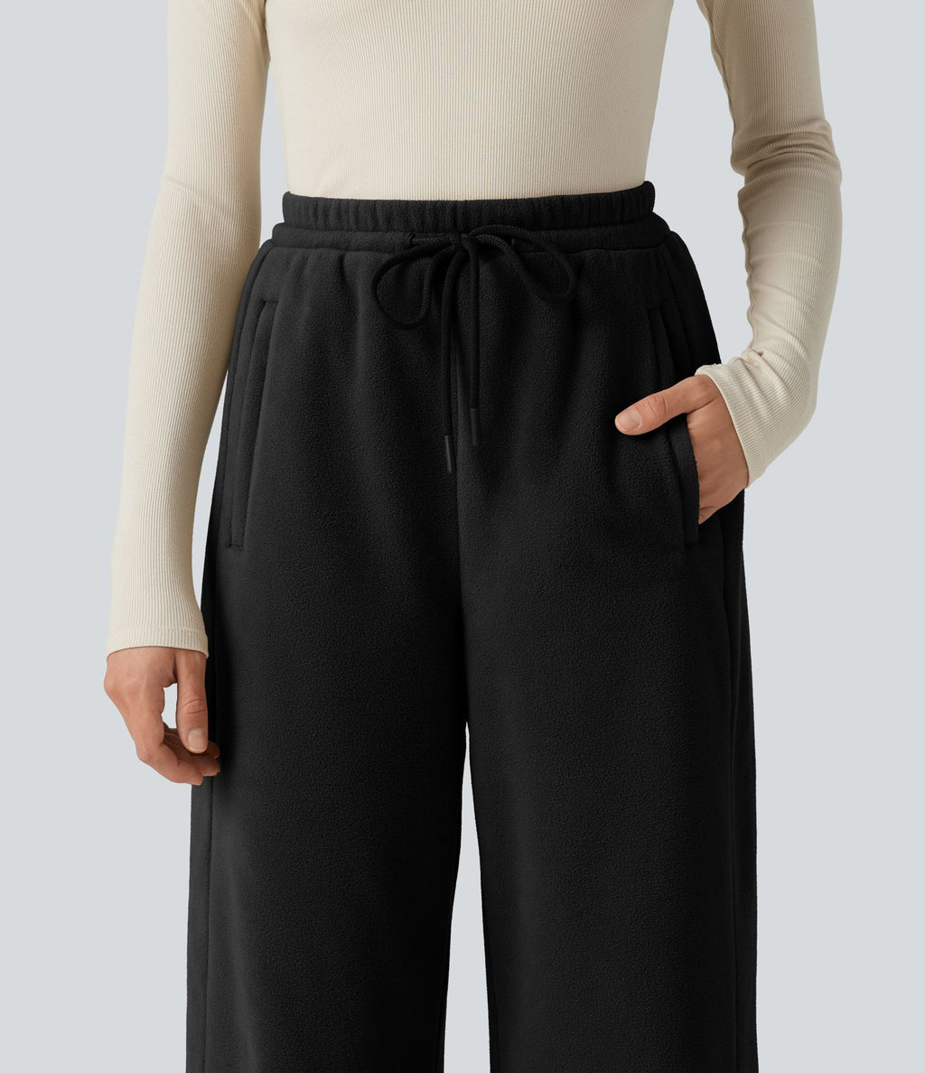 Pantalon large décontracté en polaire taille haute avec cordon de serrage et poches
