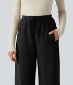 Pantalon large décontracté en polaire taille haute avec cordon de serrage et poches